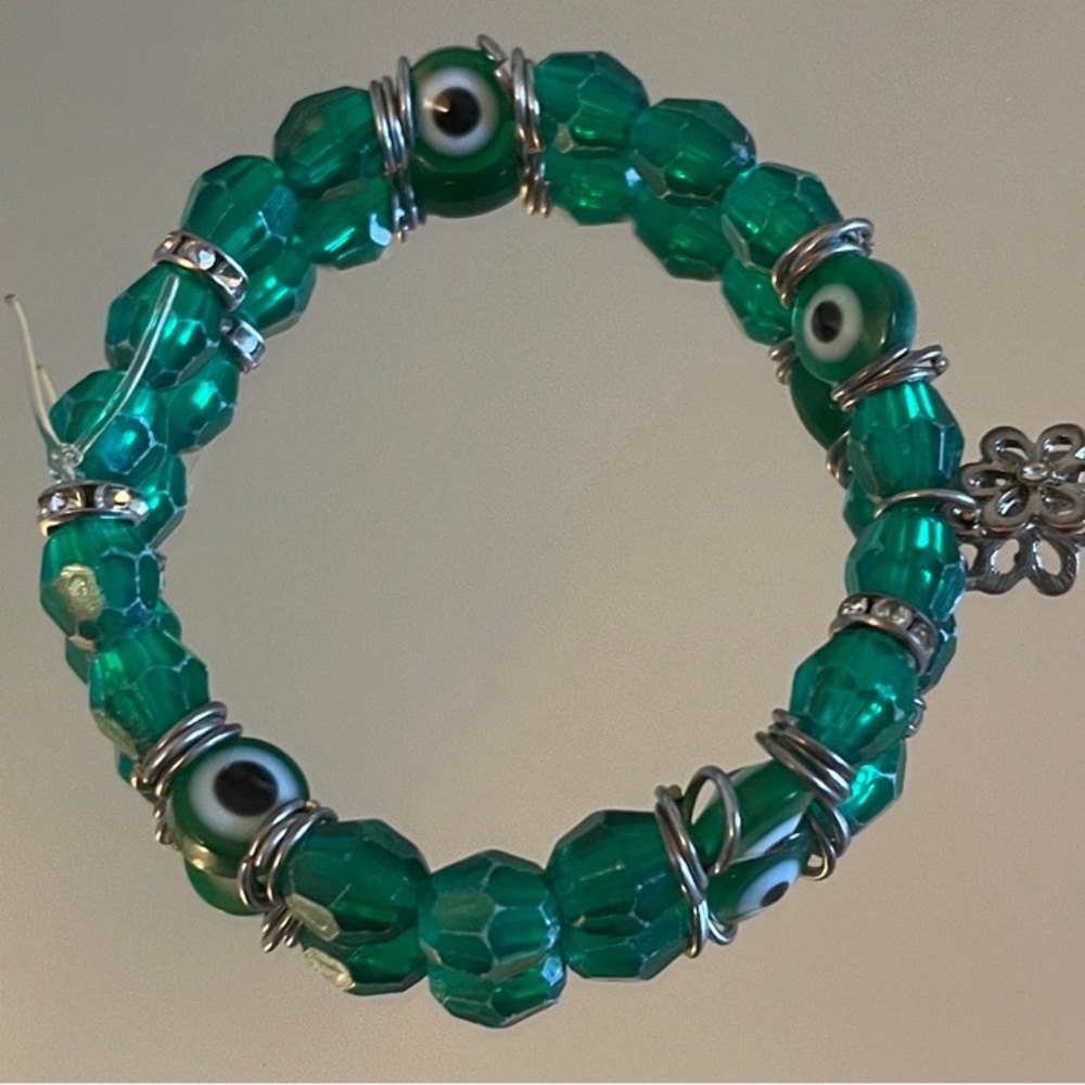 Handmade Dark green faux crystal evil eye bracelet